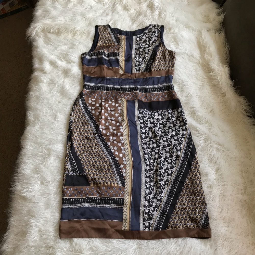 Lafayette 148 New York Sleeveless Patchwork Midi Silk Dress - Brown, Navy, Black